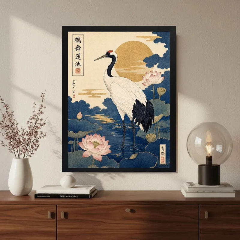 Cuadro Grulla Flor De Loto Arte Japonés Retro Vintage Marco Negro