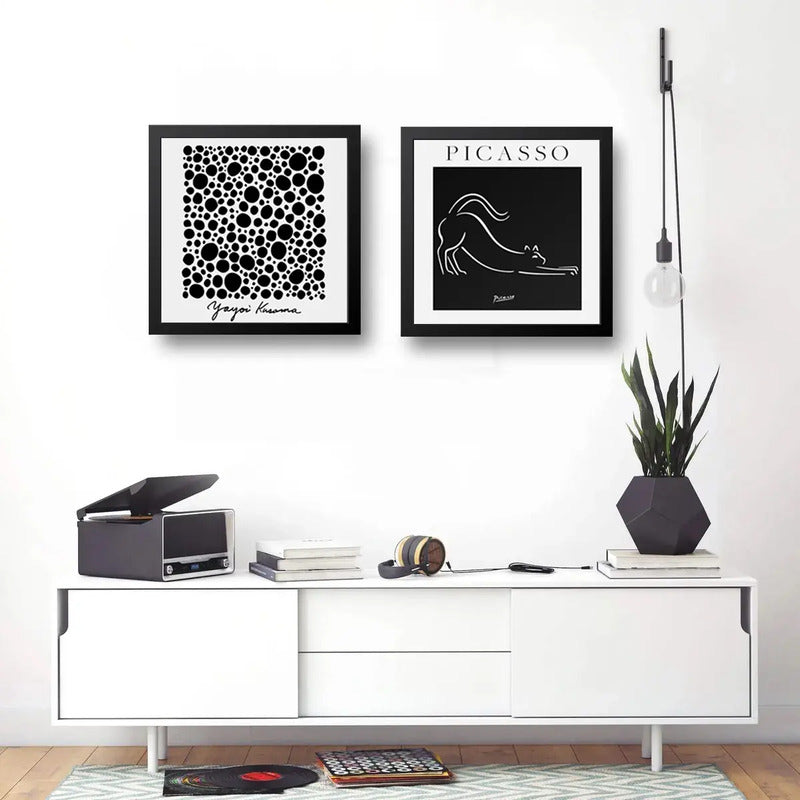 Set 2 Cuadros Yayoi Kusama Picasso Blanco Y Negro 33x33cm Marco Negro