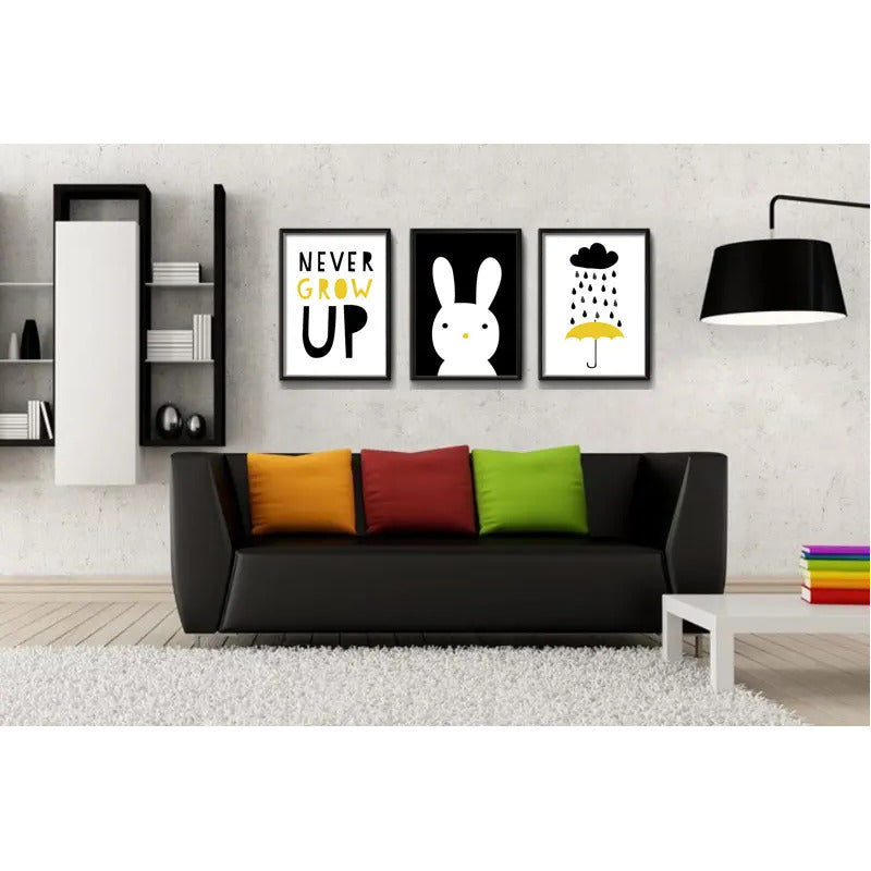 Set 3 Cuadros Conejo Frase Decoracion Dormitorio Infantil Marco Negro