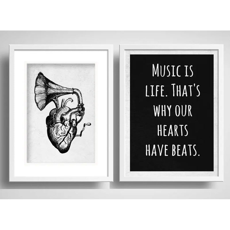 Set 2 Cuadros Corazon Gramófono Musica Frase Con Paspartu