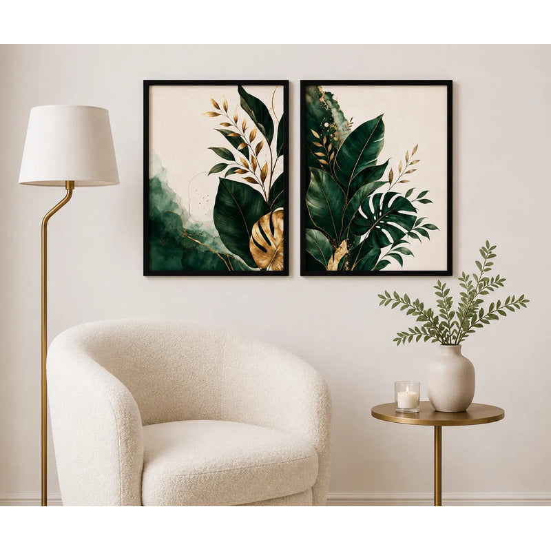 Set 2 Cuadros Hojas Tropical Dorado Abstracto Decora Living Marco Negro