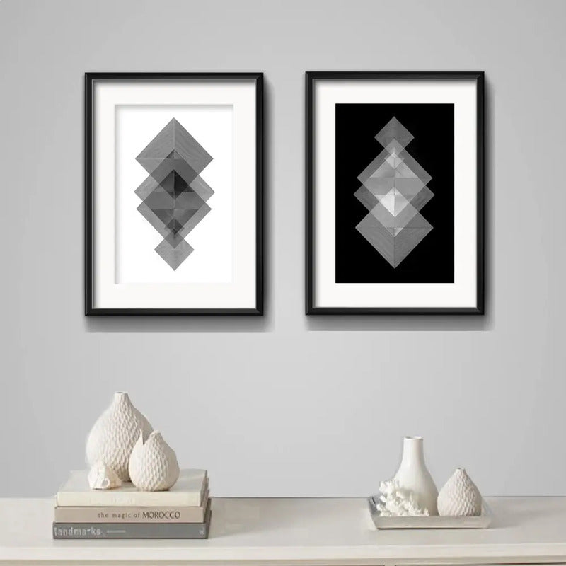 Set 2 Cuadros Geometrico Abstrato Blanco Y Negro Paspartú