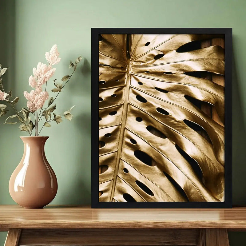 Cuadro Hoja Dorada Lujo Gold Botanico Planta Arte Decoracion Marco Negro
