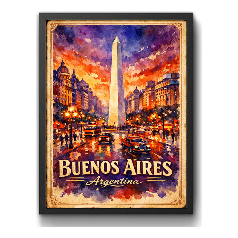 Cuadro Buenos Aires Argentina Obelisco Al Atardecer Retro Marco Negro