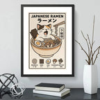 Cuadro Gato Ramen Noodles Japonés Arte Oriental 3 Decoracion Marco Negro