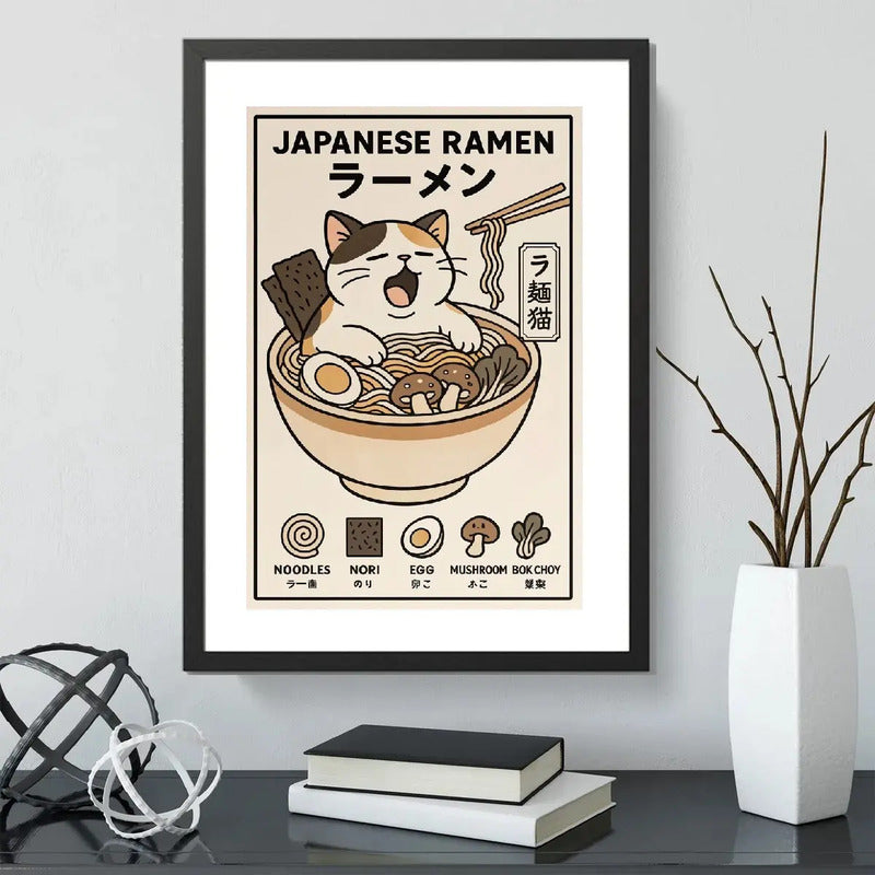 Cuadro Gato Ramen Noodles Japonés Arte Oriental 3 Decoracion Marco Negro