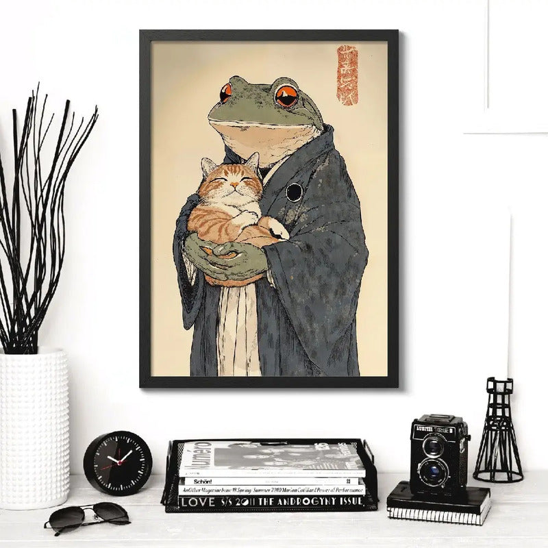 Cuadro Sapo Traje Japonés Gato Anime Arte Japon Decoracion Marco Negro