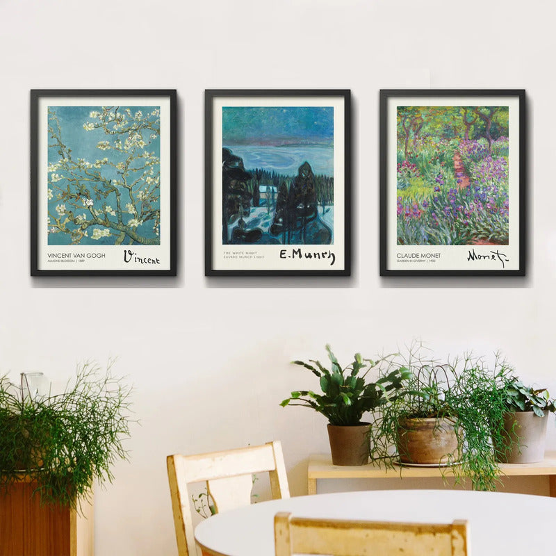 Set 3 Cuadros Living Dormitorio Monet Gogh Munch Obras Arte Marco Negro