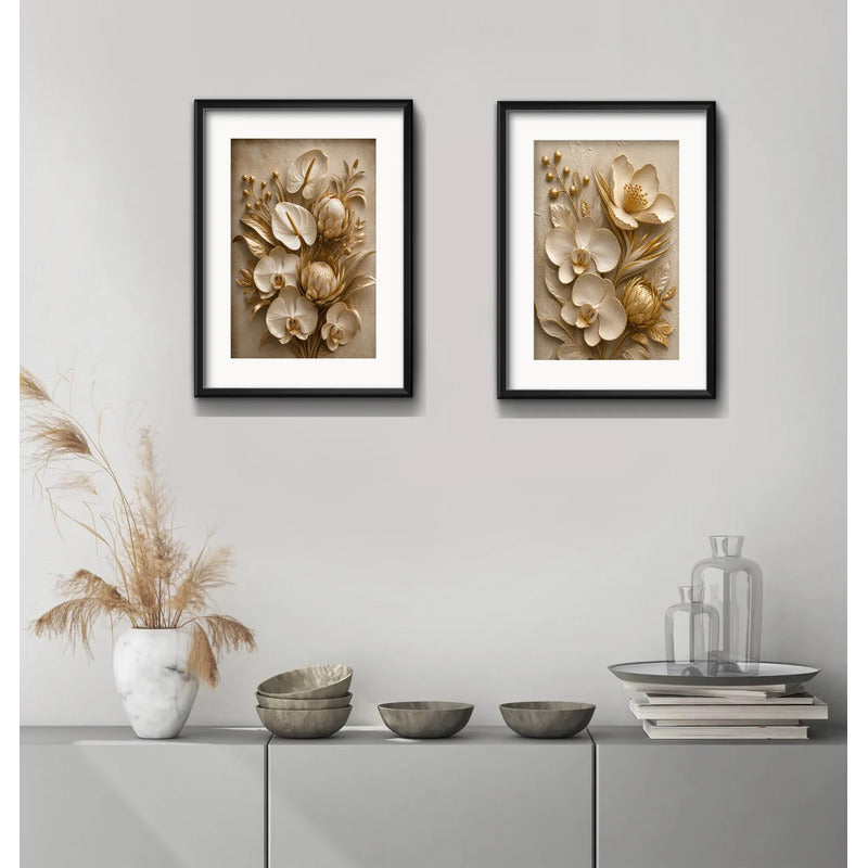 Set 2 Cuadros Flores Blancas Tonos Beige Lujosa Con Paspartú 43x33cm Cada Cuadro Negro