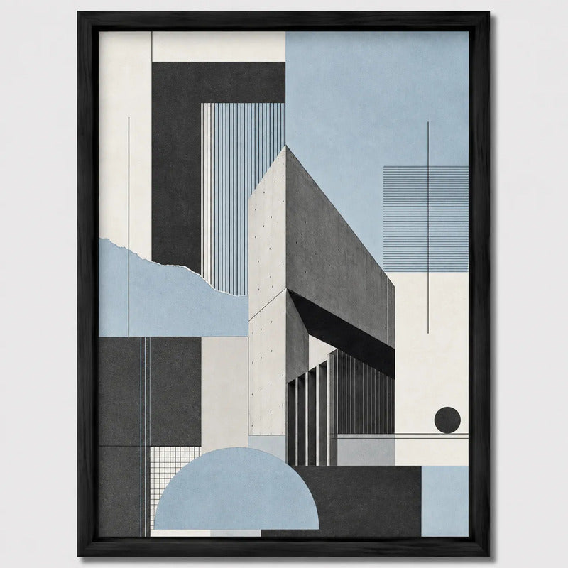 Cuadro Living Dormitorio Abstracto Arquitectónico Azul Gris Marco Negro
