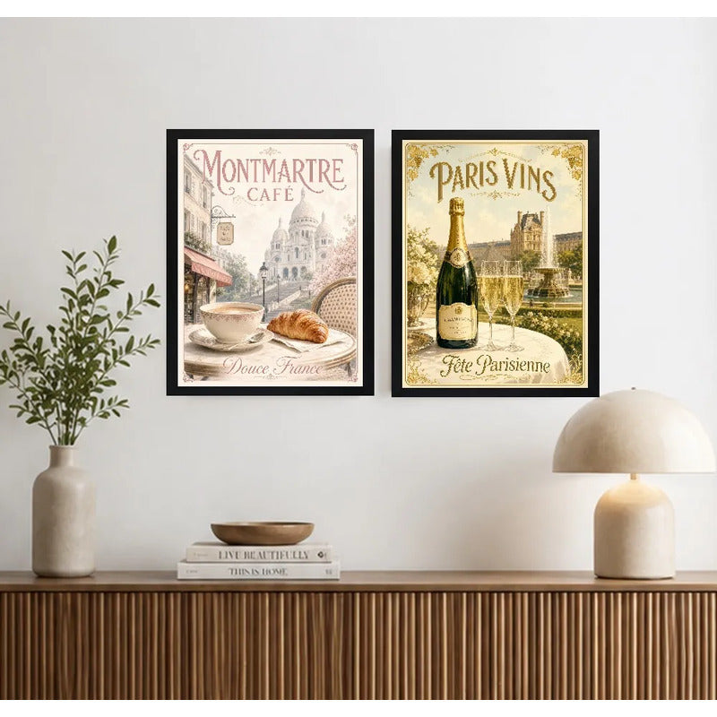 Set 2 Cuadros Café Champán Paris Retro Decora Cocina Living Marco Negro