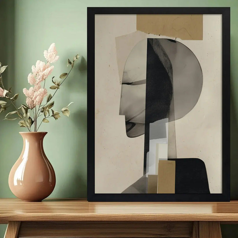 Cuadro Dormitorio Living Boho Arte Abstracto Collage Silueta Marco Negro