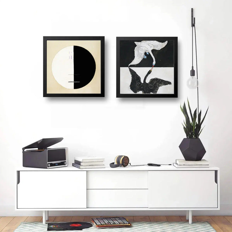 Set 2 Cuadros Hilma Af Klint Abstracto Buda Cisne 33x33cm Marco Negro