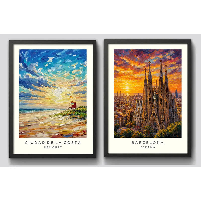 Set 2 Cuadros Barcelona Espana Ciudad De La Costa Uruguay B3 Marco Negro