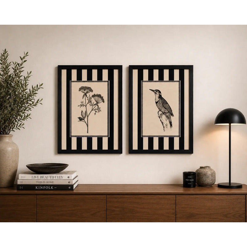 Set 2 Cuadros Living Dormitorio Hojas Aves Tonos Neutros Br2 Marco Negro