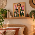 Cuadro Dormitorio Living Mujer Con Flores Arte Abstracto Marco Marrón Claro
