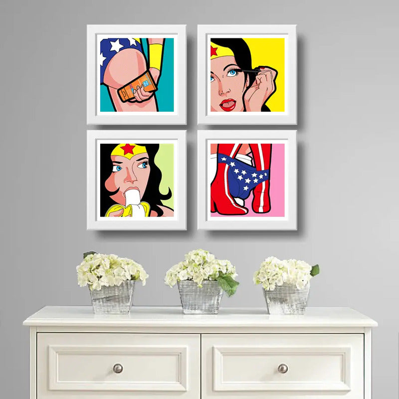 Set 4 Cuadros Mujer Maravilla Fashion Baño Superhéroe Comics