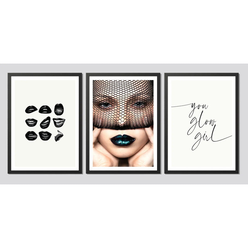Set 3 Cuadros Fashion Moda Modelo Boca Maquillaje Decoracion Marco Negro