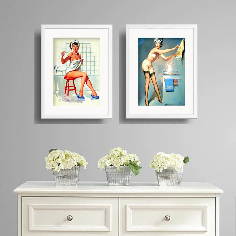 Set 2 Cuadros Pin Ups Baño Retro Decoracion Con Paspartú