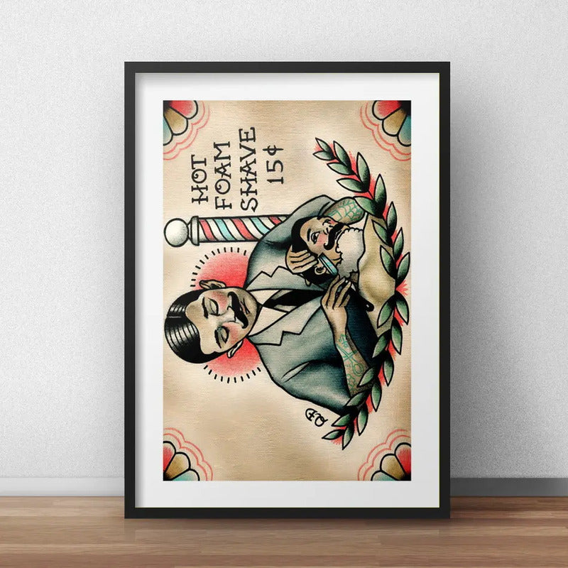 Cuadro Barbero Retro Tattoo Old School Barberia Paspartú Br2 Marco Negro