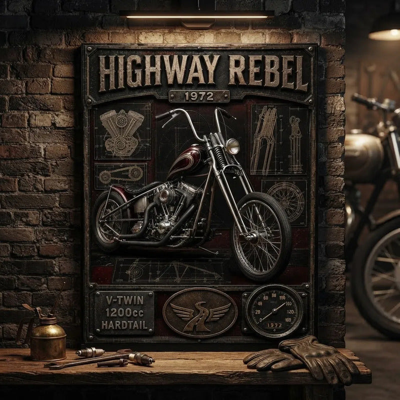 Cuadro Chopper Vintage Moto Icónico Detalles Specs Efecto 3d Marco Negro