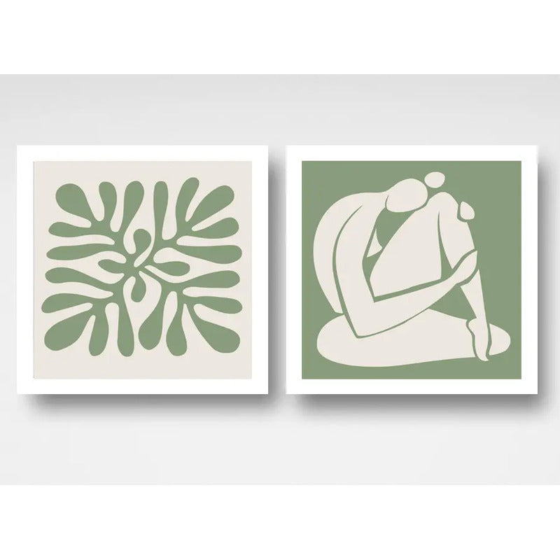 Set 2 Cuadros Living Dormitorio Matisse Beige Verde 33x33cm Marco Blanco