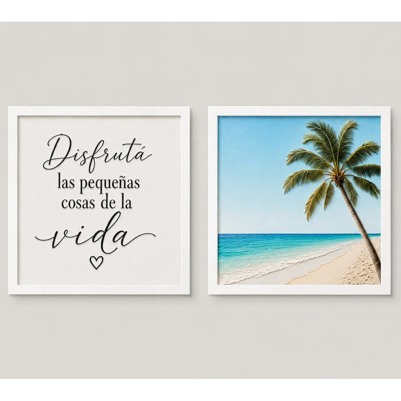 Set 2 Cuadros Paisajes De Playa Frase Motivacional 33x33cm Marco Blanco