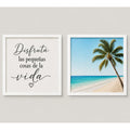 Set 2 Cuadros Paisajes De Playa Frase Motivacional 33x33cm Marco Blanco