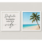 Set 2 Cuadros Paisajes De Playa Frase Motivacional 33x33cm Marco Blanco