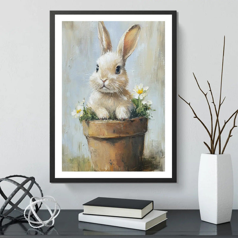 Cuadro Living Dormitorio Conejo Arte Maceta Flores Conejito Marco Negro