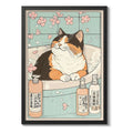 Cuadro Gato Bano Banera Arte Japonés Flores Brs2 Decoracion Marco Negro