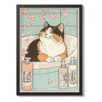 Cuadro Gato Bano Banera Arte Japonés Flores Brs2 Decoracion Marco Negro