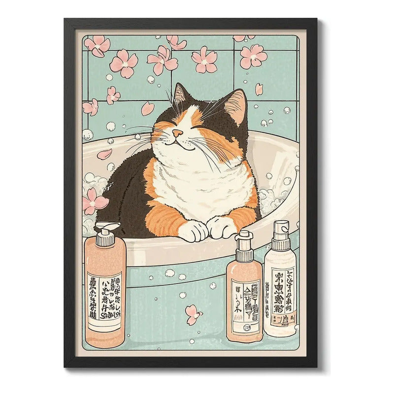Cuadro Gato Bano Banera Arte Japonés Flores Brs2 Decoracion Marco Negro