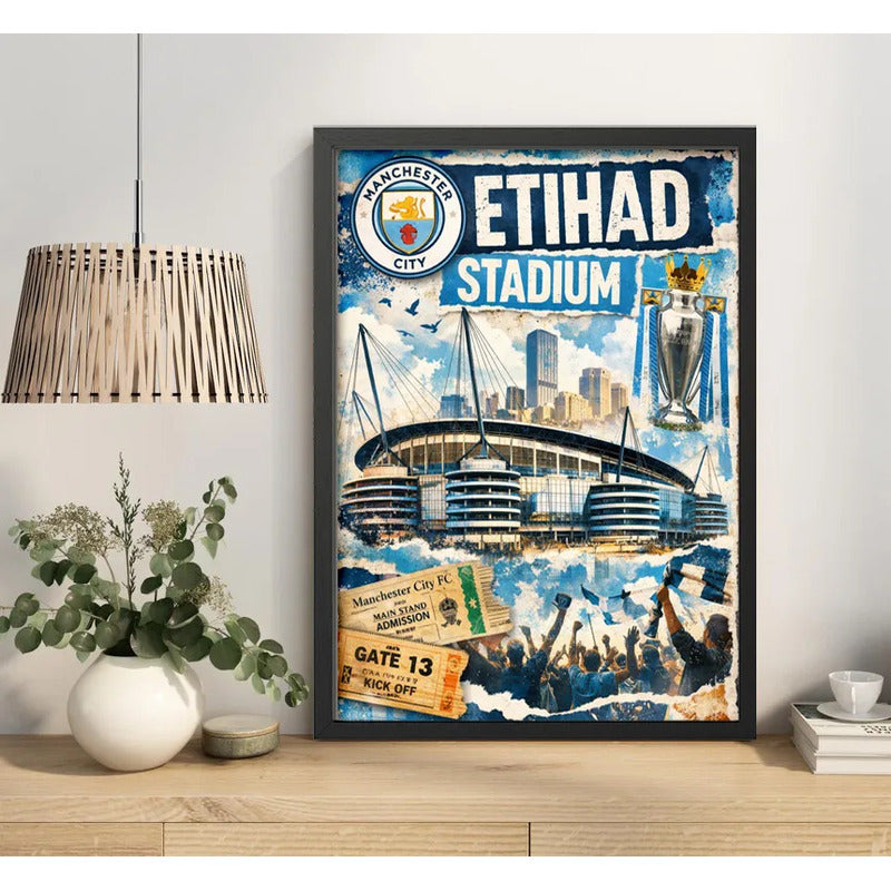 Cuadro Estadio Etihad Stadium Manchester City Futbol Retro Marco Negro