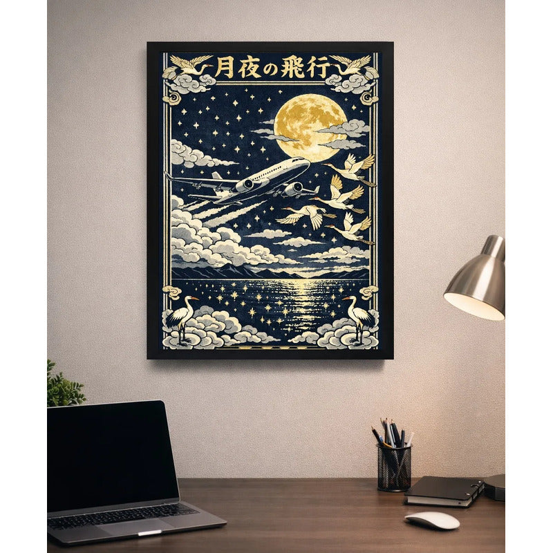 Cuadro Avion Vuelo Iluminado Por La Luna Grulla Nubes Japón Marco Negro