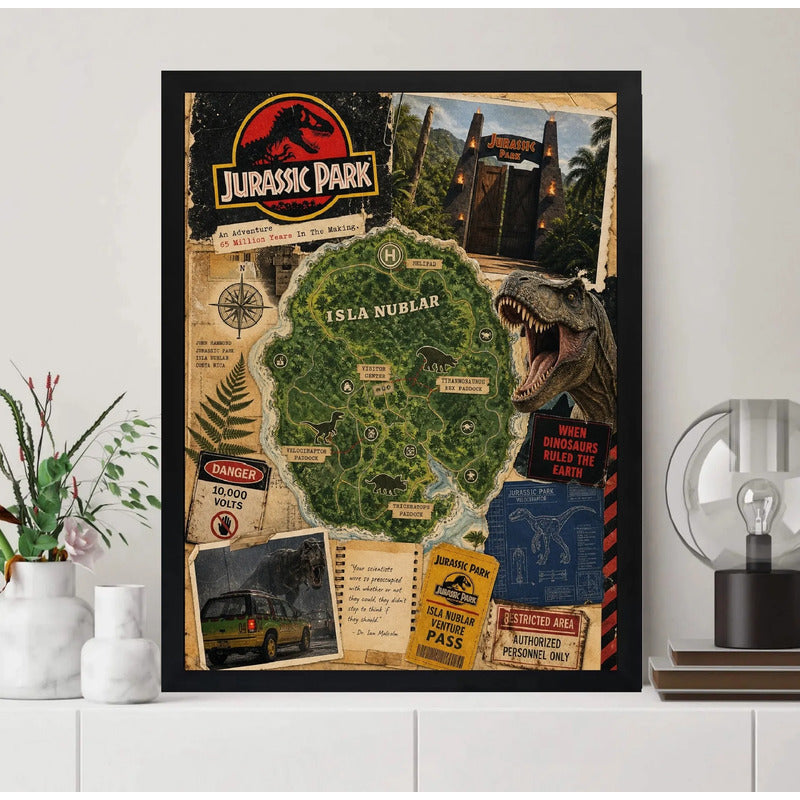 Cuadro Jurassic Park Mapa Isla Nublar Dinosaurio B2 Pelicula Marco Negro