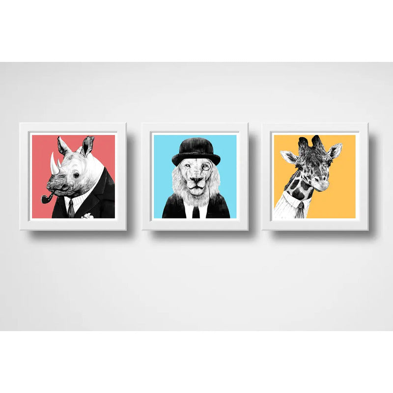 Set 3 Cuadros León Jirafa Rinoceronte Hispter Pop Art Decor