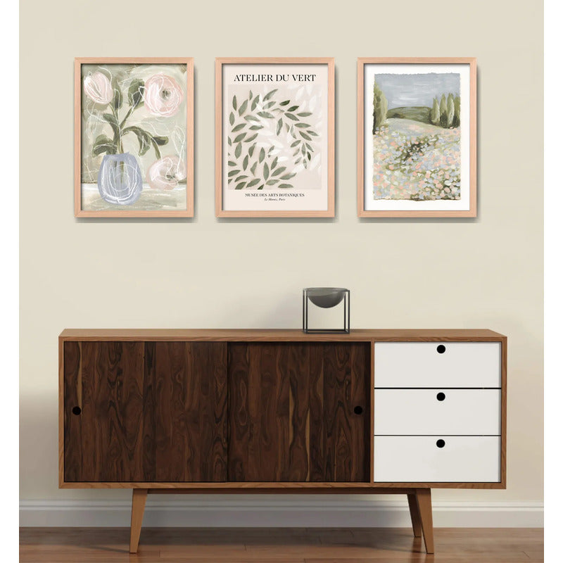 Set 3 Cuadros Románticos En Verde Botanica Tonos Suave Oak Marco Marrón Claro