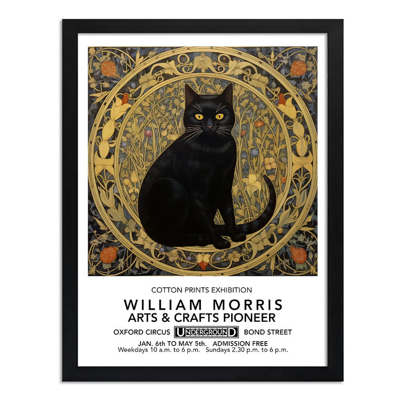 Cuadro Gato Negro Hojas William Morris Arte Decoracion Marco Negro