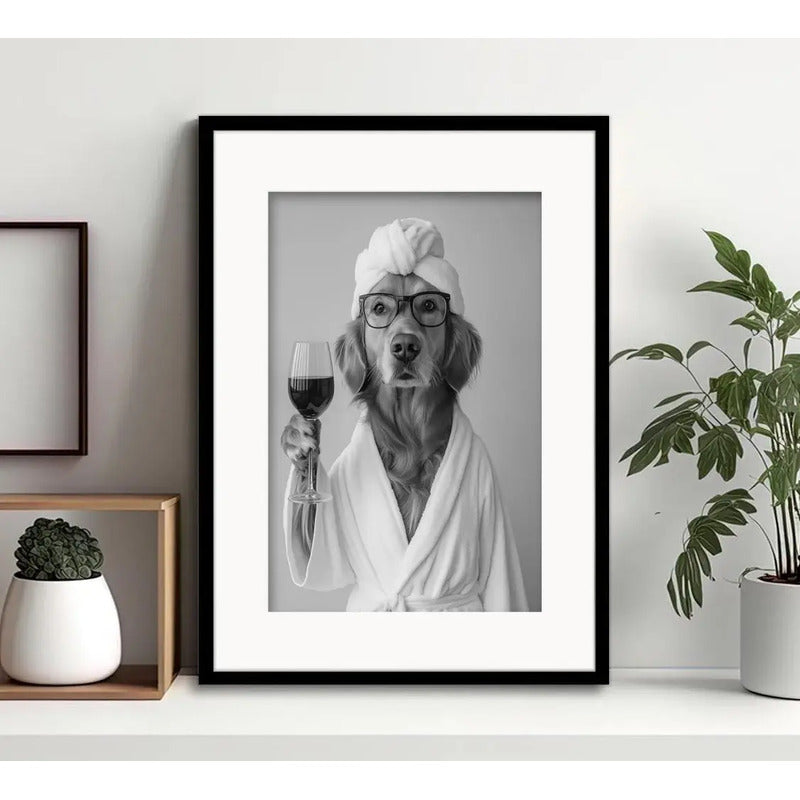 Cuadro Perro Con Bata De Bano Tomando Vino Arte Con Paspartú