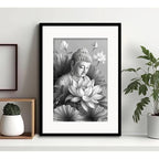 Cuadro Buda Flores Blanco Y Negro Meditacion Con Paspartu Marco Negro