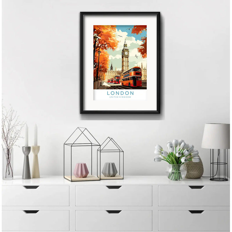 Cuadro Londres Uk Ciudad Bus Big Ben 53x43cm Con Paspartú Marco Negro