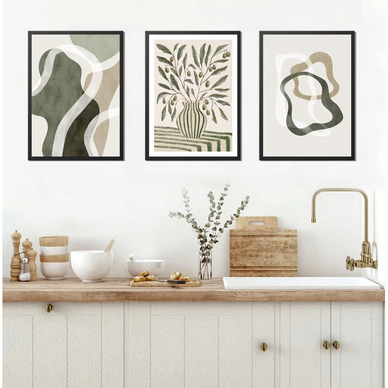 Set 3 Cuadros Dormitorio Living Abstracto Tonos Beige Verde Marco Negro