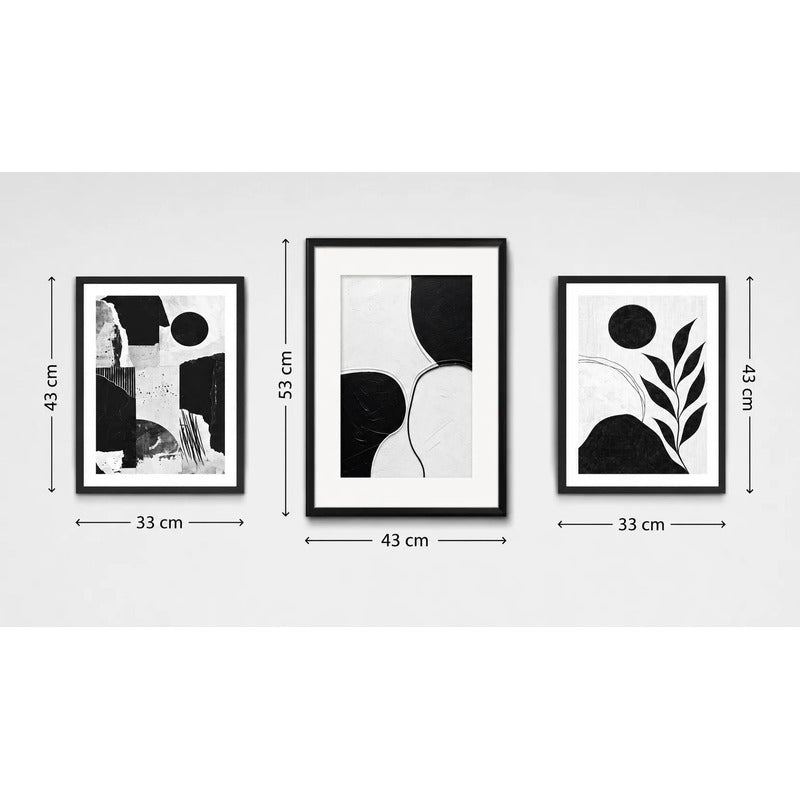 Set 3 Cuadros Living Escalera Pasillo Abstracto Blanco Negro Marco Negro