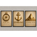 Set 3 Cuadros Motivacional Brújula Ancla Montaña Oficina Marco Negro