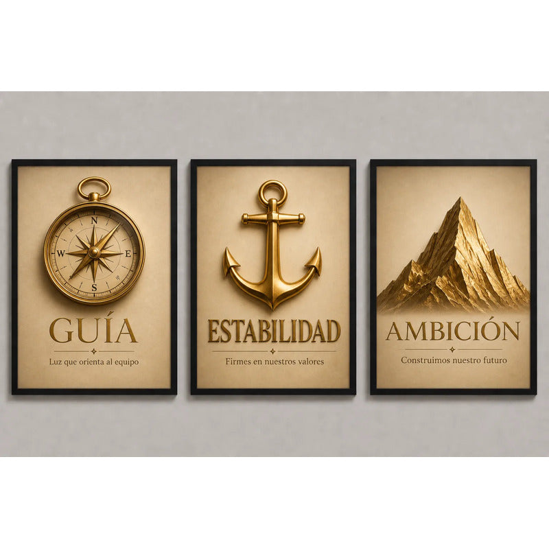 Set 3 Cuadros Motivacional Brújula Ancla Montaña Oficina Marco Negro
