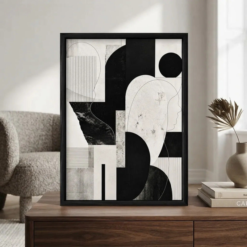 Cuadro Living Dormitorio Abstracto Blanco Negro Geometrico C Marco Negro