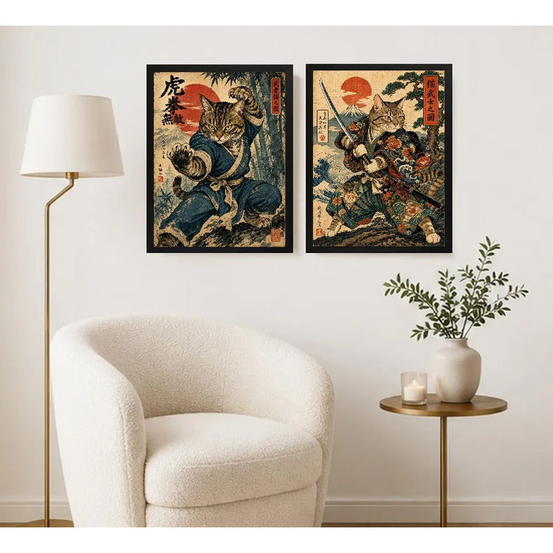 Set 2 Cuadros Gato Samurai Kung Fu Arte Japones Marcial Marco Negro