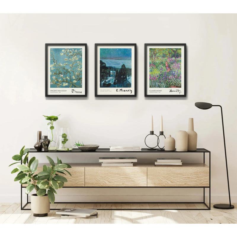 Set 3 Cuadros Living Dormitorio Monet Gogh Munch Obras Arte Marco Negro