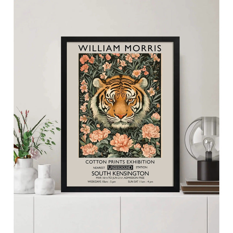 Cuadro Living Tigre Flores William Morris Botanico Animal Marco Negro